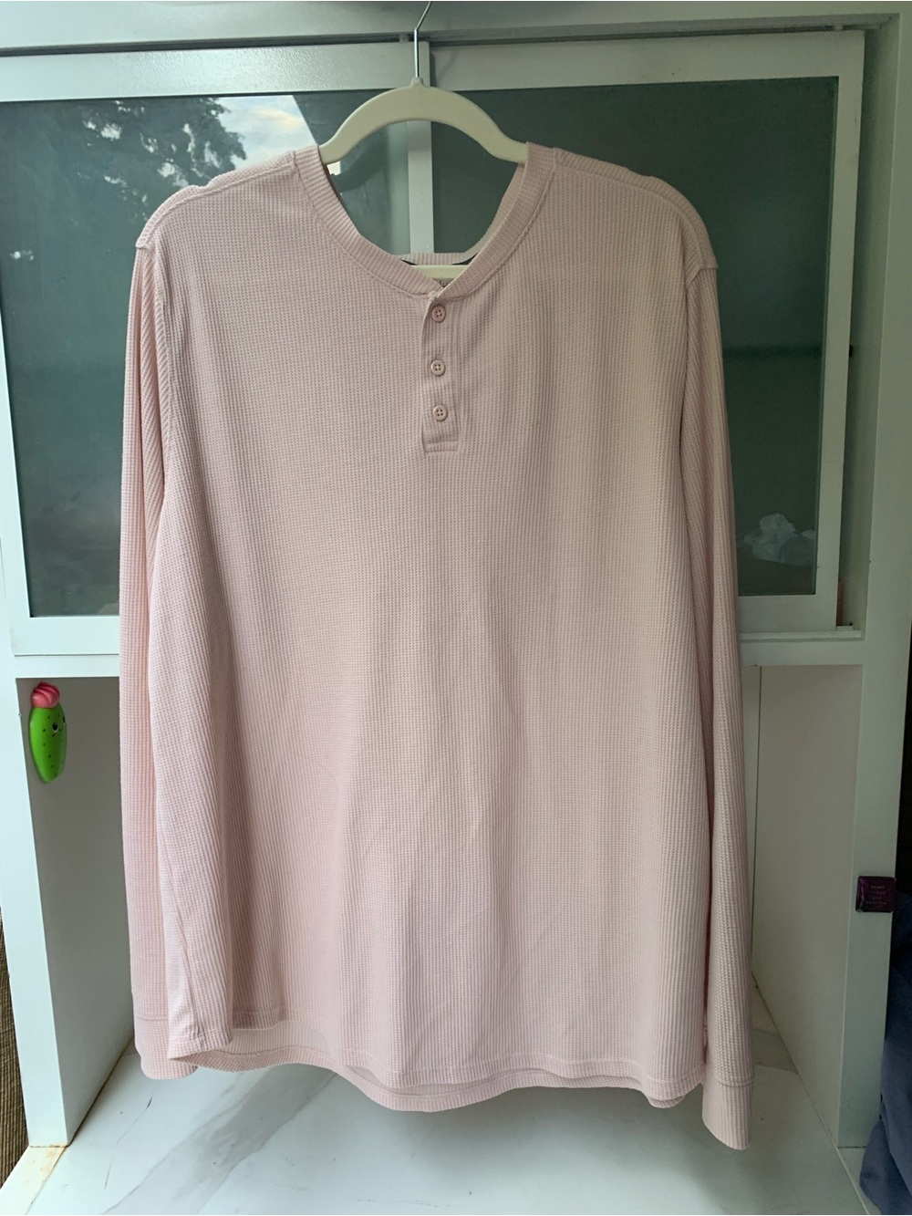 Light Pink Waffle Knit Henley Long Sleeve Top